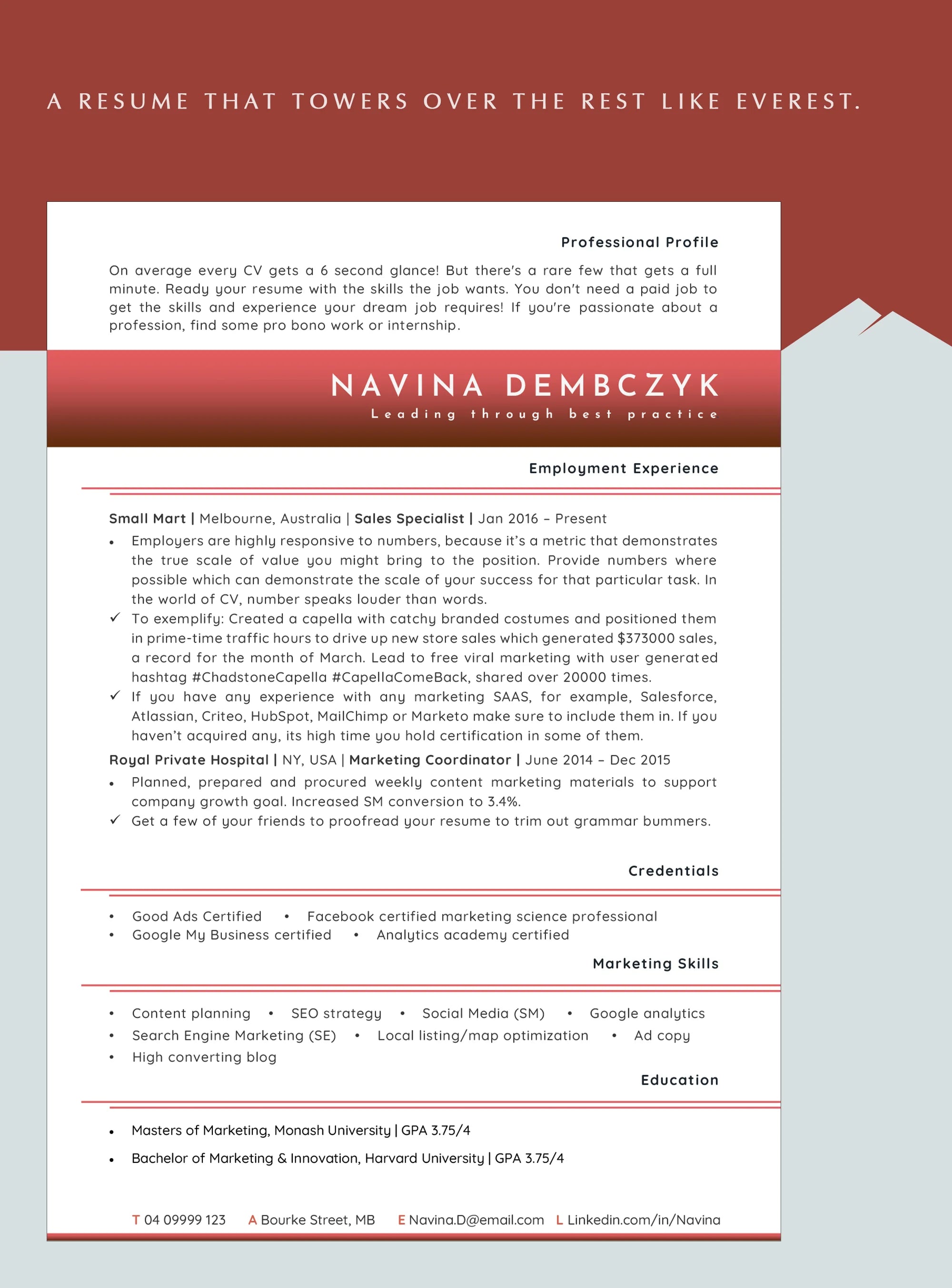 ATS Friendly Marketing Resume Template for Word, Apple Pages, Docs