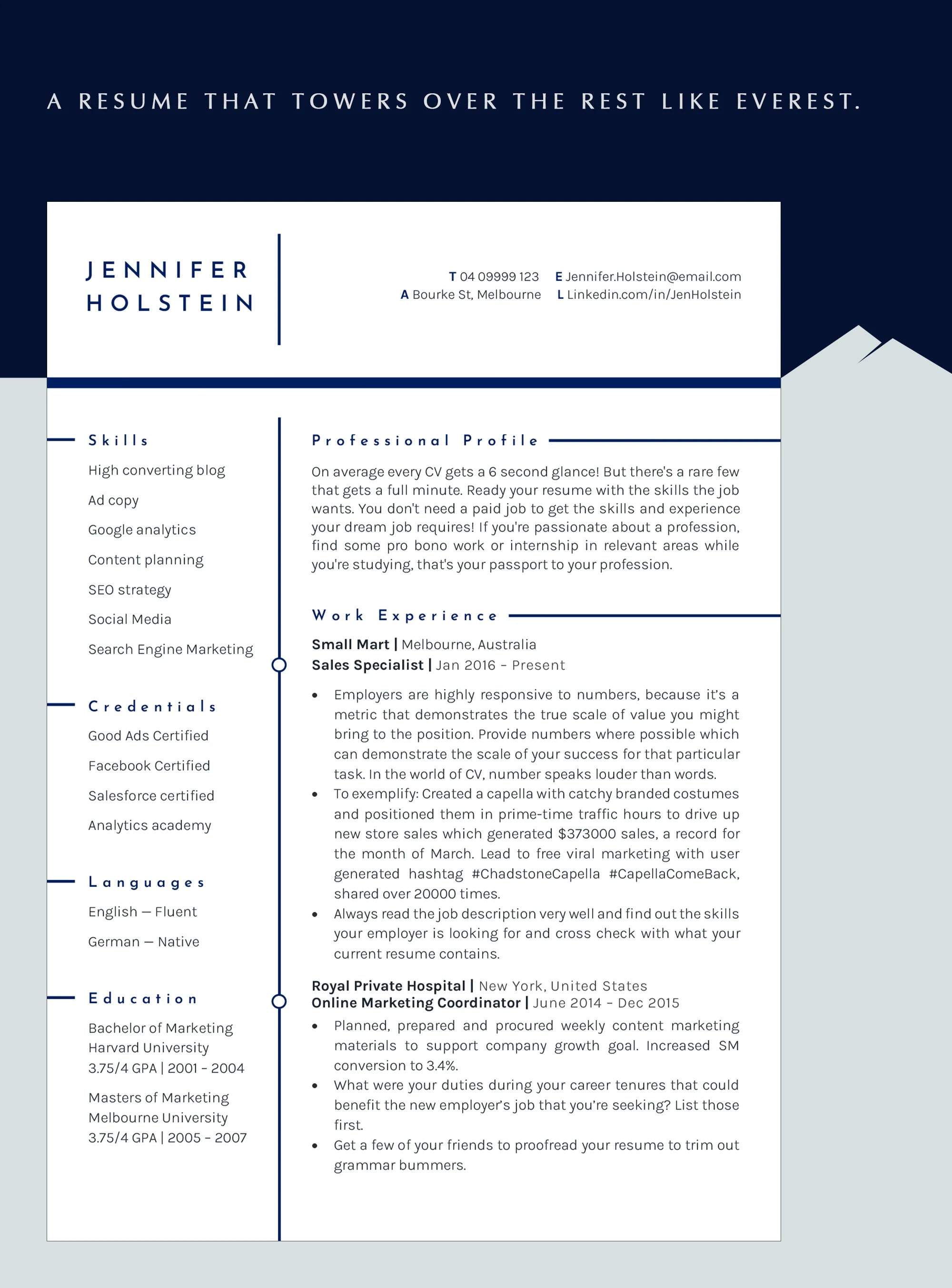 Modern Marketing Professional Resume Template Google Docs, Word and Pages